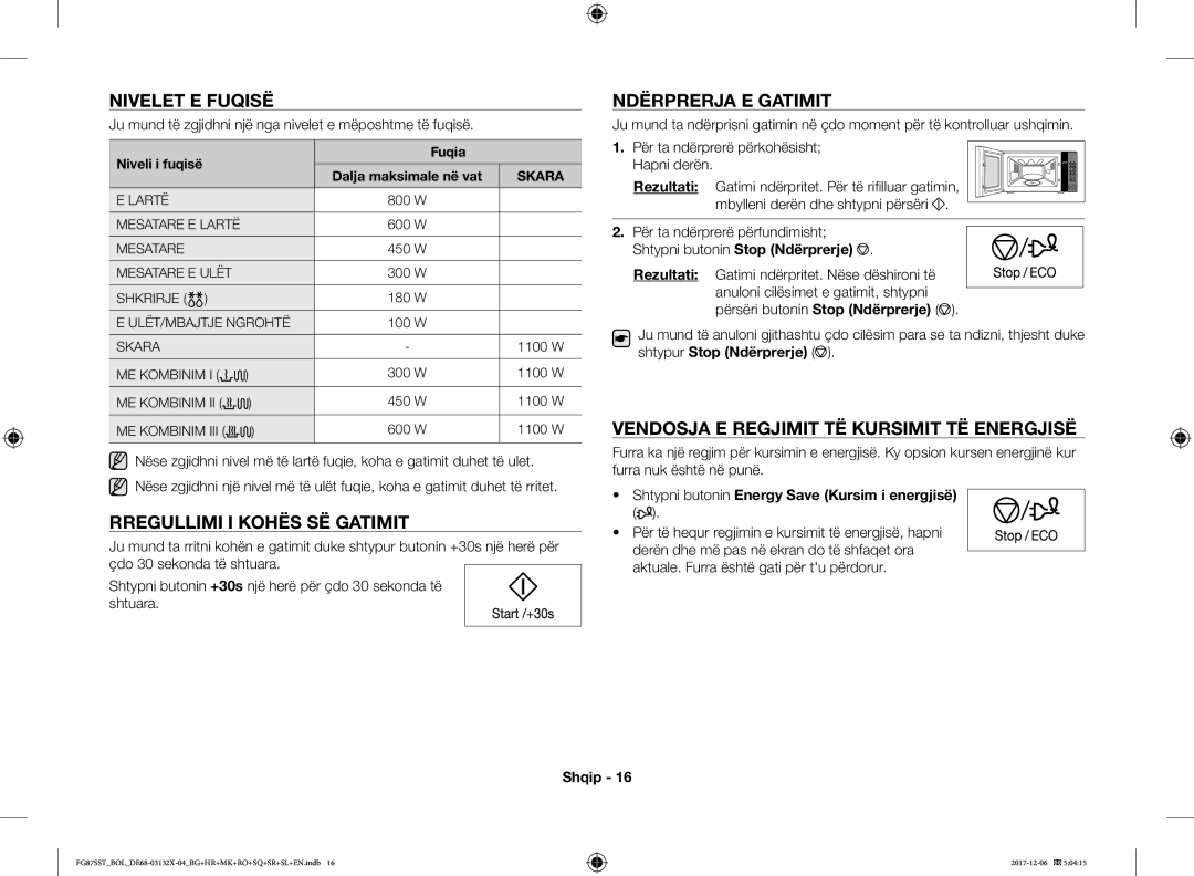 Samsung FG87SST/XEH, FG87SUB/XEO, FG87SUB/BOL manual Nivelet E Fuqisë, Rregullimi I Kohës SË Gatimit, Ndërprerja E Gatimit 