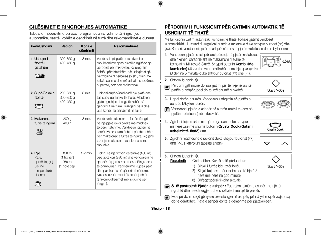 Samsung FG87SUB/BOL manual Cilësimet E Ringrohjes Automatike, Kombinim, Ushqimit të thatë, Kodi/Ushqimi, Rekomandimet 