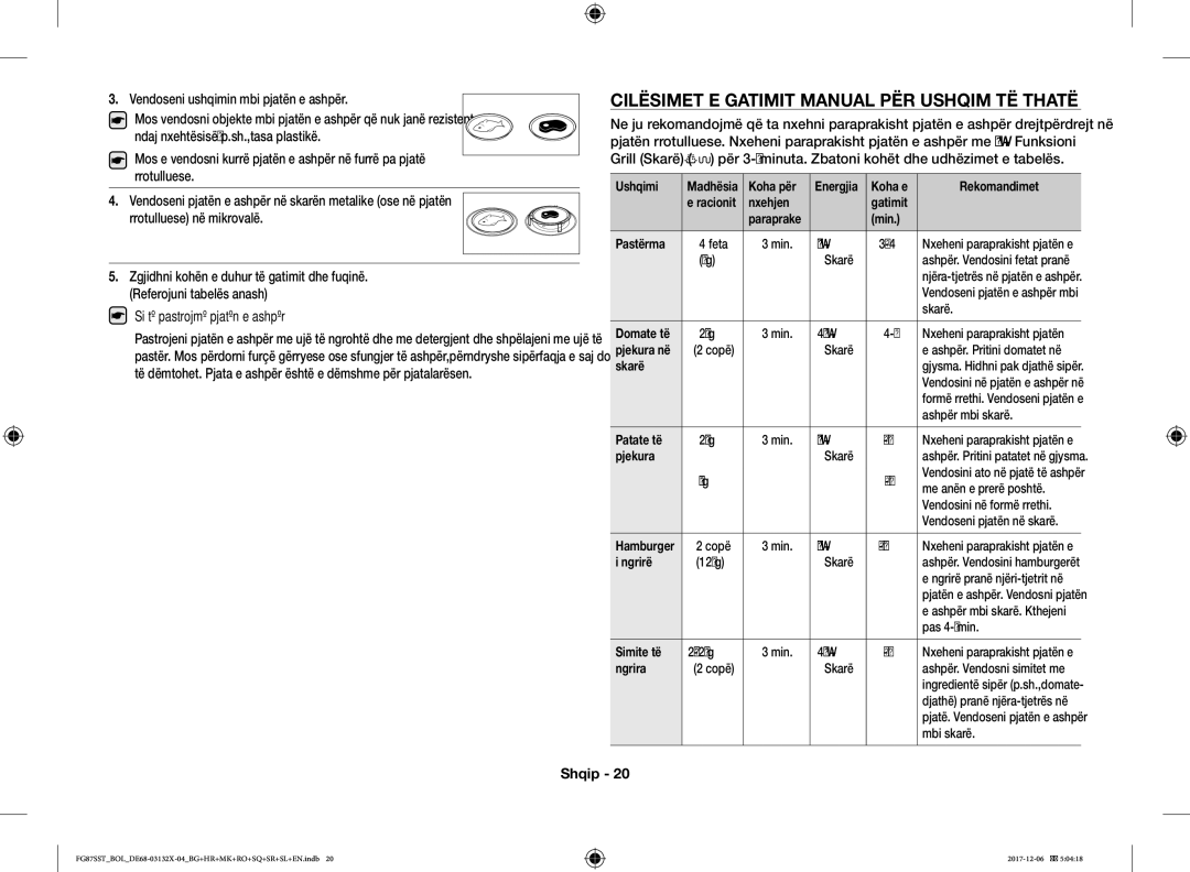 Samsung FG87SST/XEH, FG87SUB/XEO Cilësimet E Gatimit Manual PËR Ushqim TË Thatë, Vendoseni ushqimin mbi pjatën e ashpër 