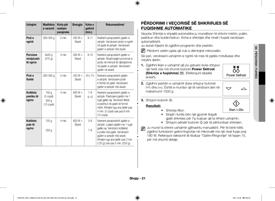 Samsung FG87SUB/XEO, FG87SST/XEH, FG87SUB/BOL, FG87SST/BOL manual Përdorimi I Veçorisë SË Shkrirjes SË Fuqishme Automatike 