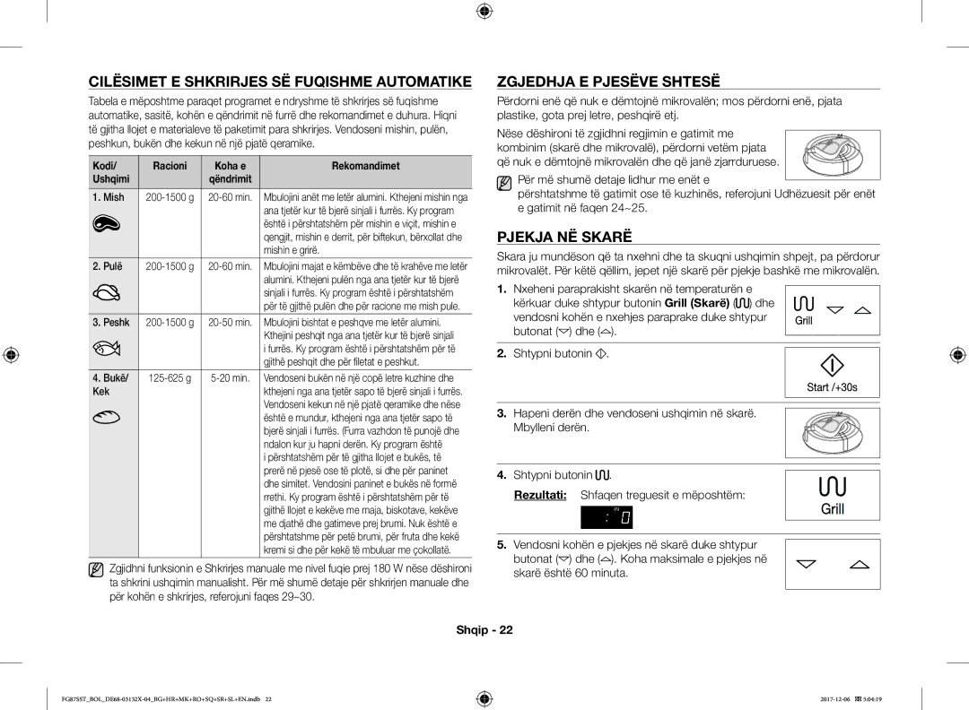 Samsung FG87SUB/BOL, FG87SST/XEH Cilësimet E Shkrirjes SË Fuqishme Automatike, Zgjedhja E Pjesëve Shtesë, Pjekja NË Skarë 