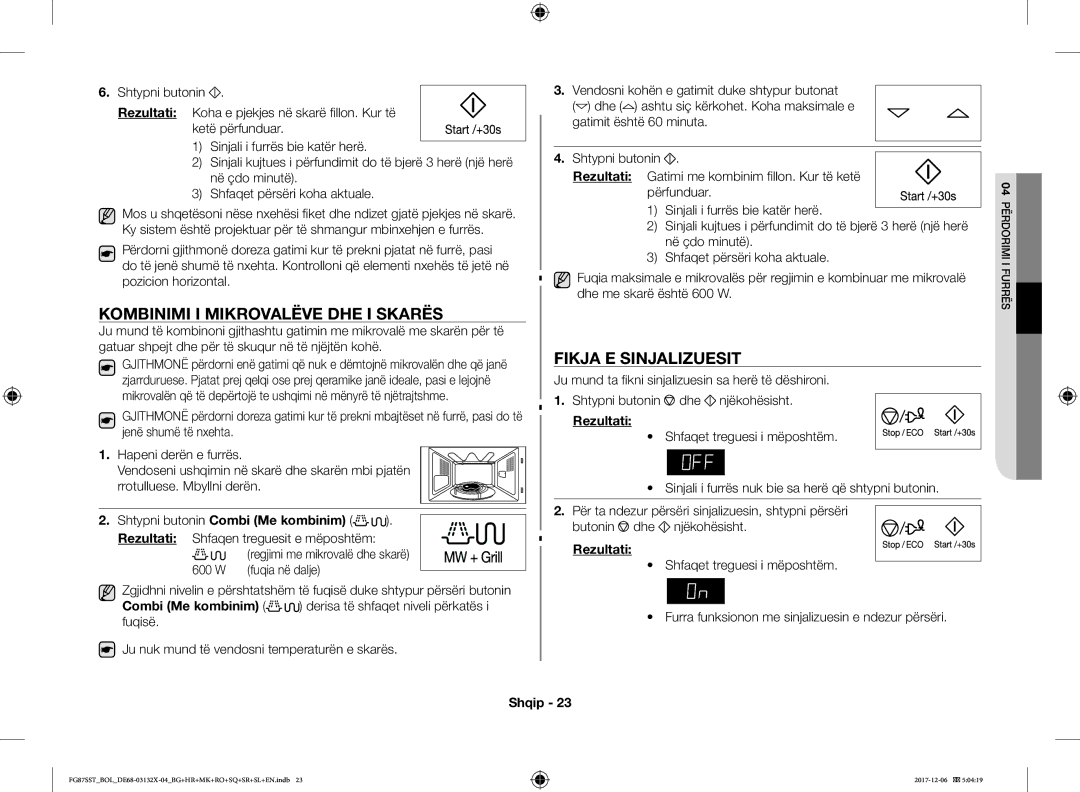 Samsung FG87SST/BOL manual Kombinimi I Mikrovalëve DHE I Skarës, Fikja E Sinjalizuesit, Shtypni butonin Combi Me kombinim 