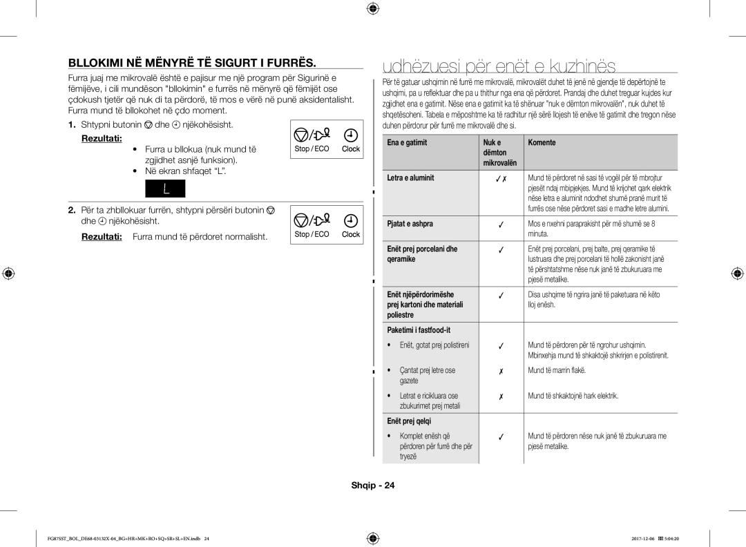 Samsung FG87SST/XEH, FG87SUB/XEO, FG87SUB/BOL manual Udhëzuesi për enët e kuzhinës, Bllokimi NË Mënyrë TË Sigurt I Furrës 