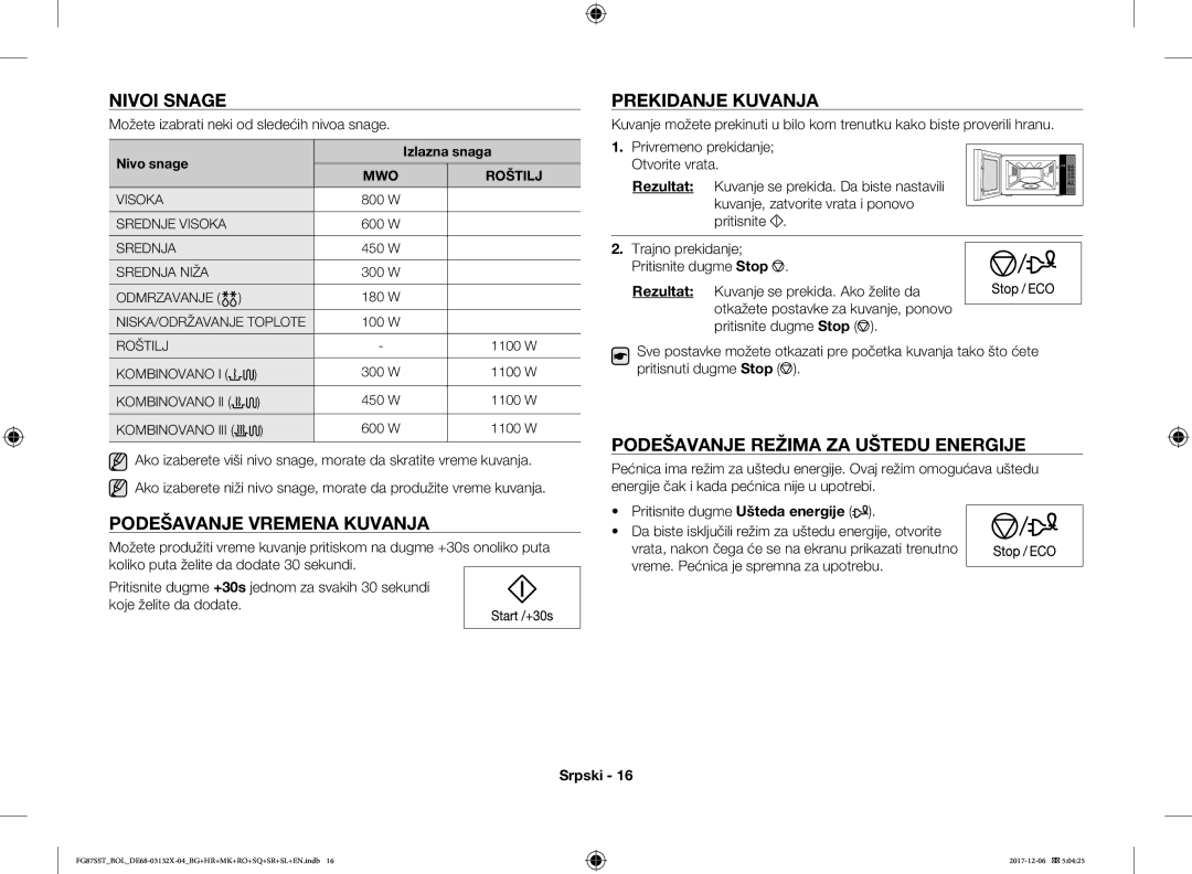 Samsung FG87SST/XEH Nivoi Snage, Podešavanje Vremena Kuvanja, Prekidanje Kuvanja, Podešavanje Režima ZA Uštedu Energije 