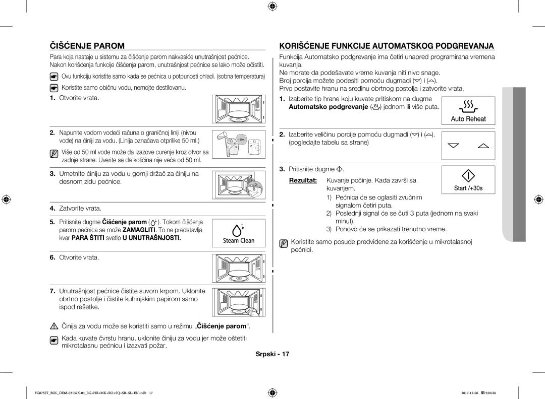 Samsung FG87SUB/XEO, FG87SST/XEH, FG87SUB/BOL, FG87SST/BOL manual Čišćenje Parom, Korišćenje Funkcije Automatskog Podgrevanja 