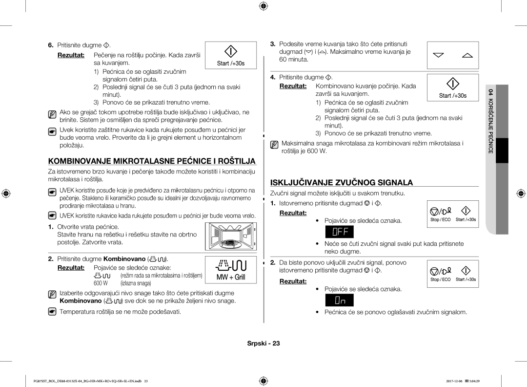 Samsung FG87SST/BOL, FG87SST/XEH, FG87SUB/XEO Kombinovanje Mikrotalasne Pećnice I Roštilja, Isključivanje Zvučnog Signala 