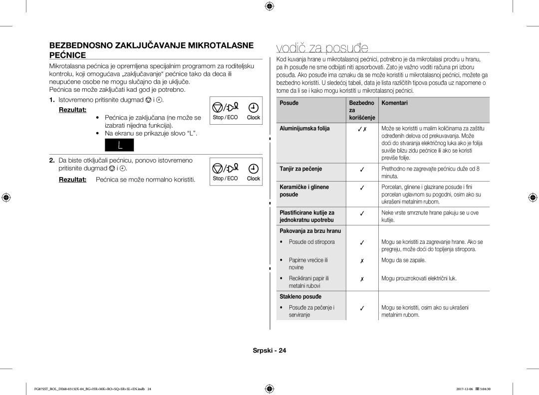 Samsung FG87SST/XEH, FG87SUB/XEO, FG87SUB/BOL, FG87SST/BOL Vodič za posuđe, Bezbednosno Zaključavanje Mikrotalasne Pećnice 