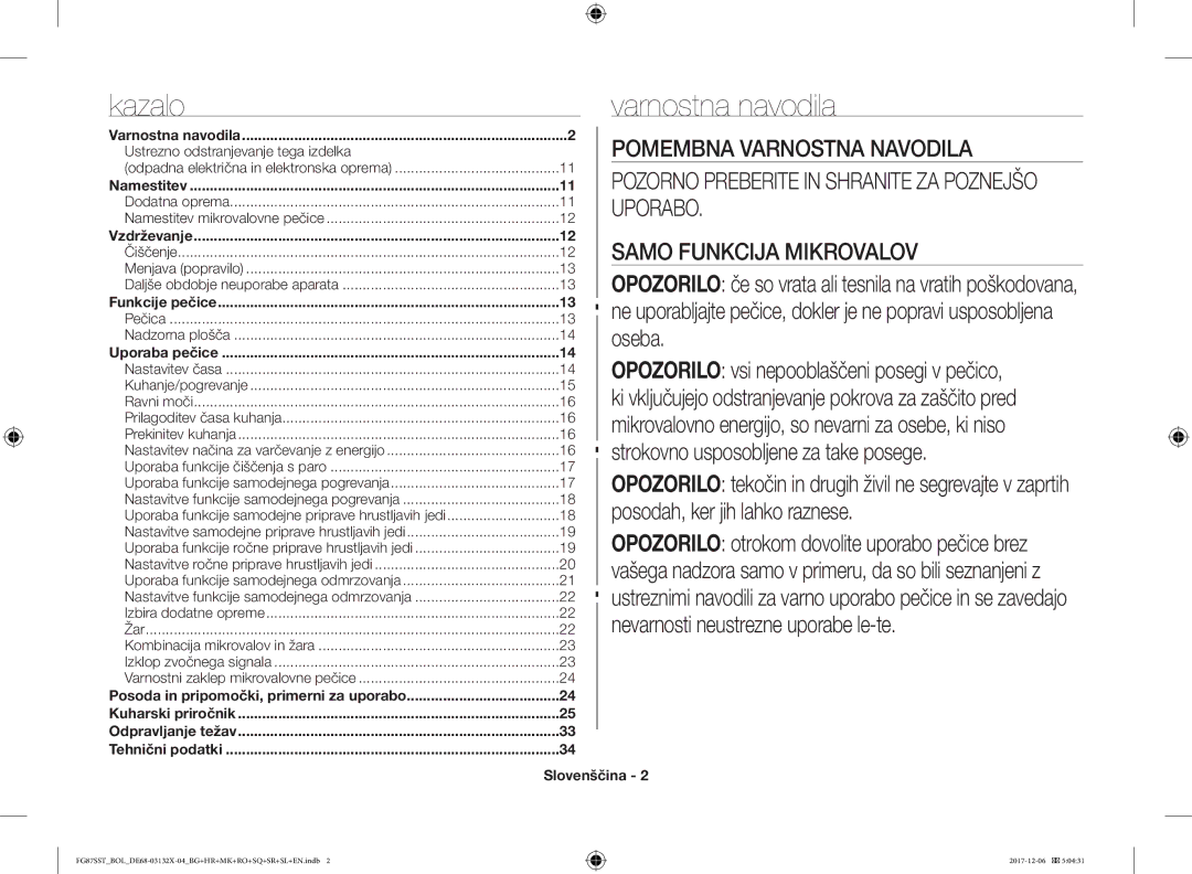 Samsung FG87SUB/BOL, FG87SST/XEH Kazalo, Varnostna navodila, Oseba, Strokovno usposobljene za take posege, Slovenščina 