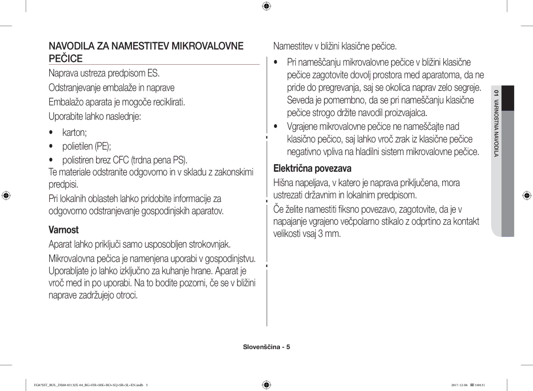 Samsung FG87SUB/XEO, FG87SST/XEH manual Navodila ZA Namestitev Mikrovalovne Pečice, Namestitev v bližini klasične pečice 