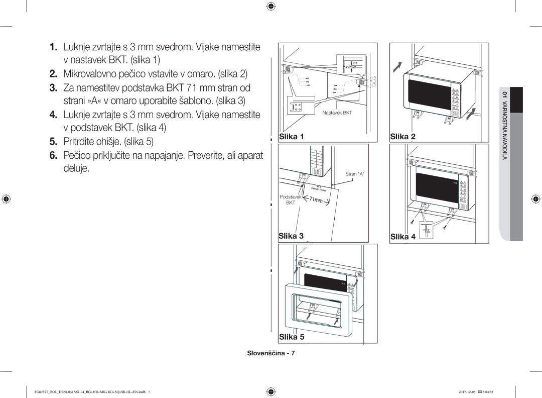 Samsung FG87SST/BOL, FG87SST/XEH, FG87SUB/XEO, FG87SUB/BOL manual Luknje zvrtajte s 3 mm svedrom. Vijake namestite 