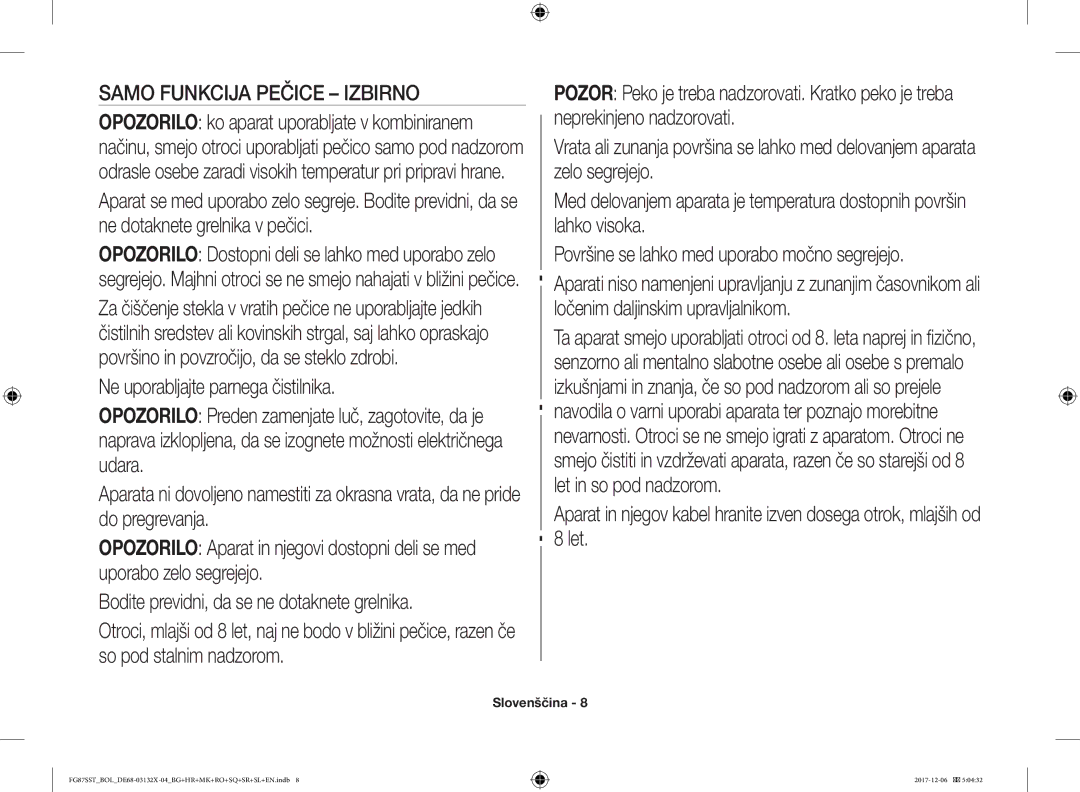 Samsung FG87SST/XEH, FG87SUB/XEO, FG87SUB/BOL, FG87SST/BOL manual Samo Funkcija Pečice Izbirno 