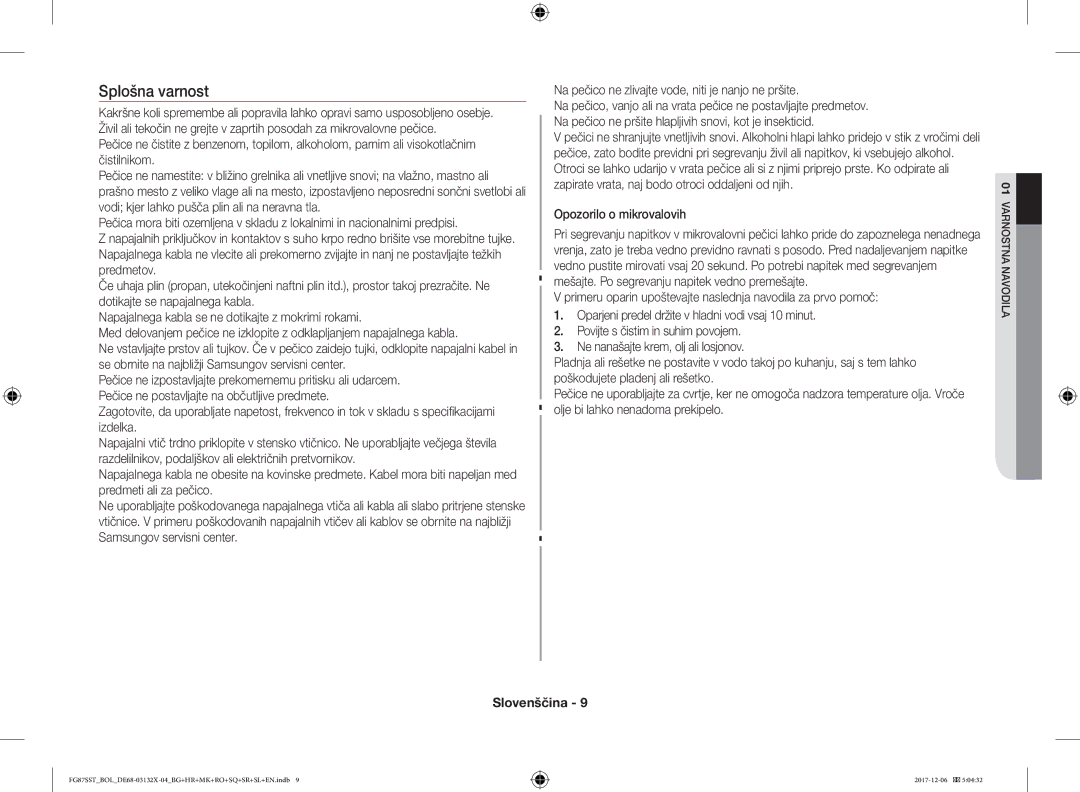 Samsung FG87SUB/XEO, FG87SST/XEH, FG87SUB/BOL, FG87SST/BOL manual Splošna varnost, Opozorilo o mikrovalovih 