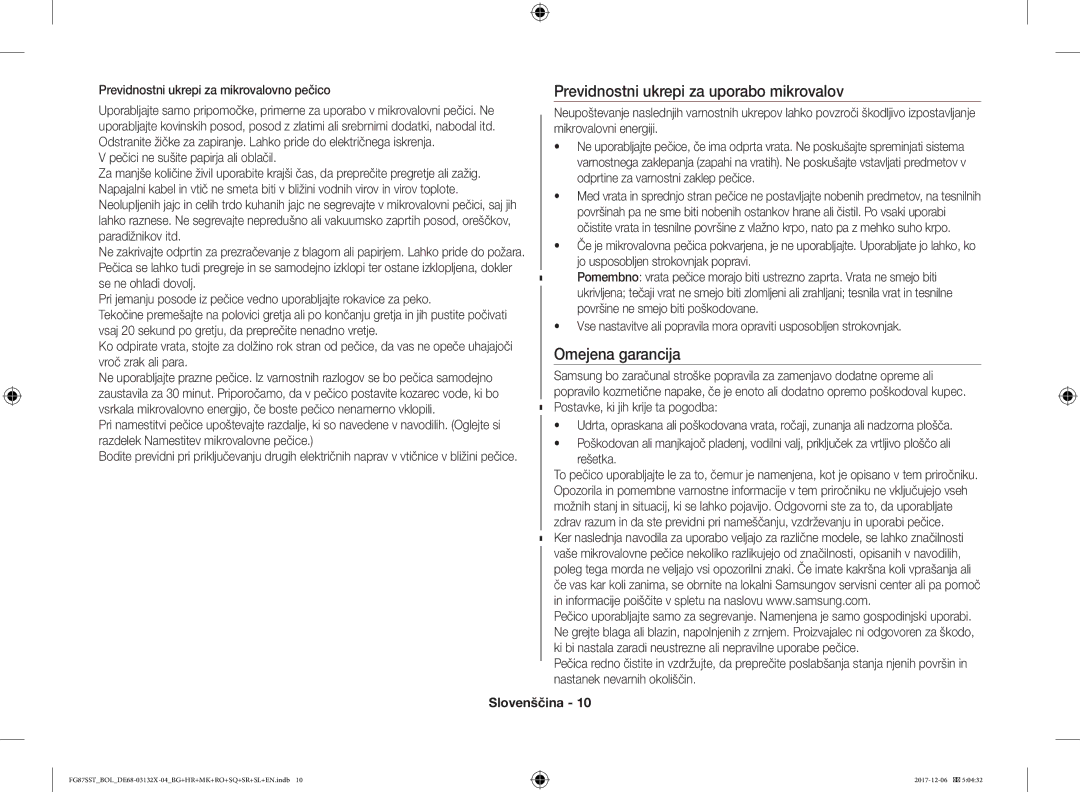 Samsung FG87SUB/BOL, FG87SST/XEH, FG87SUB/XEO, FG87SST/BOL manual Previdnostni ukrepi za uporabo mikrovalov, Omejena garancija 