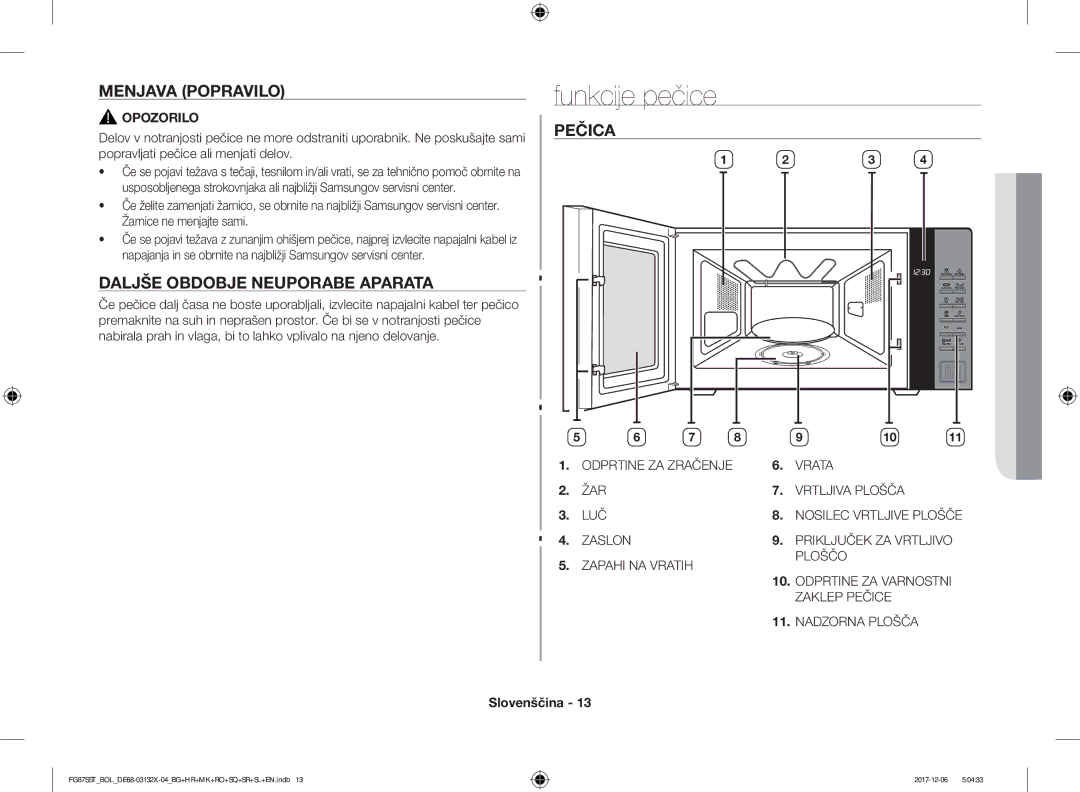 Samsung FG87SUB/XEO, FG87SST/XEH Funkcije pečice, Menjava Popravilo, Daljše Obdobje Neuporabe Aparata, Pečica, Opozorilo 