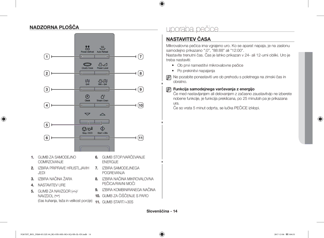 Samsung FG87SUB/BOL manual Uporaba pečice, Nadzorna Plošča, Nastavitev Časa, Funkcija samodejnega varčevanja z energijo 