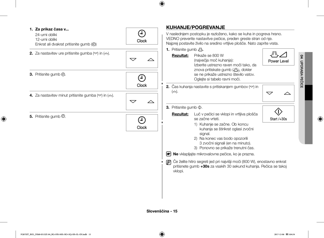Samsung FG87SST/BOL, FG87SST/XEH, FG87SUB/XEO, FG87SUB/BOL manual Kuhanje/Pogrevanje, Za prikaz časa 
