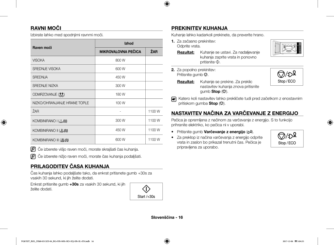 Samsung FG87SST/XEH Ravni Moči, Prilagoditev Časa Kuhanja, Prekinitev Kuhanja, Nastavitev Načina ZA Varčevanje Z Energijo 