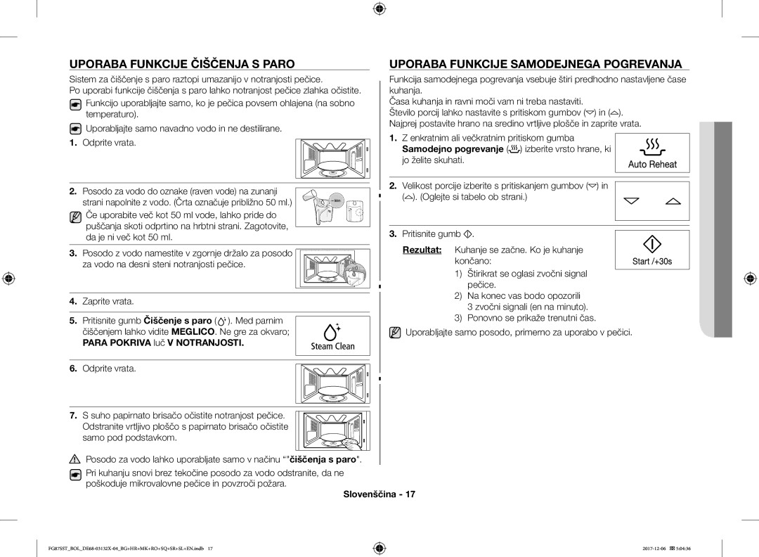 Samsung FG87SUB/XEO, FG87SST/XEH Uporaba Funkcije Čiščenja S Paro, Uporaba Funkcije Samodejnega Pogrevanja, Zaprite vrata 