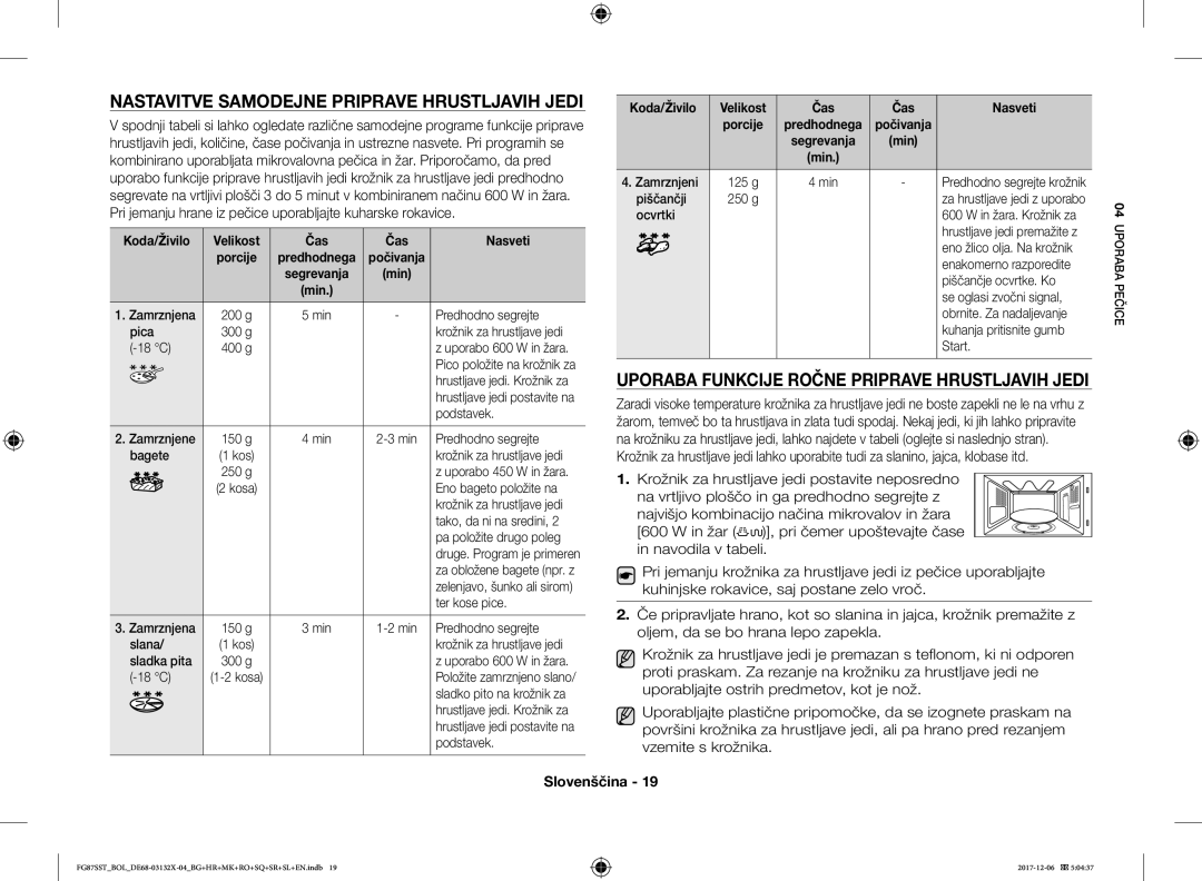 Samsung FG87SST/BOL, FG87SST/XEH, FG87SUB/XEO, FG87SUB/BOL manual Nastavitve Samodejne Priprave Hrustljavih Jedi 