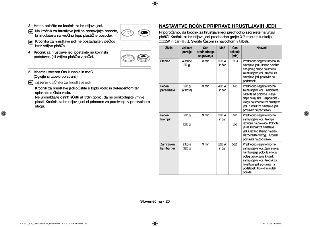 Samsung FG87SST/XEH manual Nastavitve Ročne Priprave Hrustljavih Jedi, Hrano položite na krožnik za hrustljave jedi, Živilo 