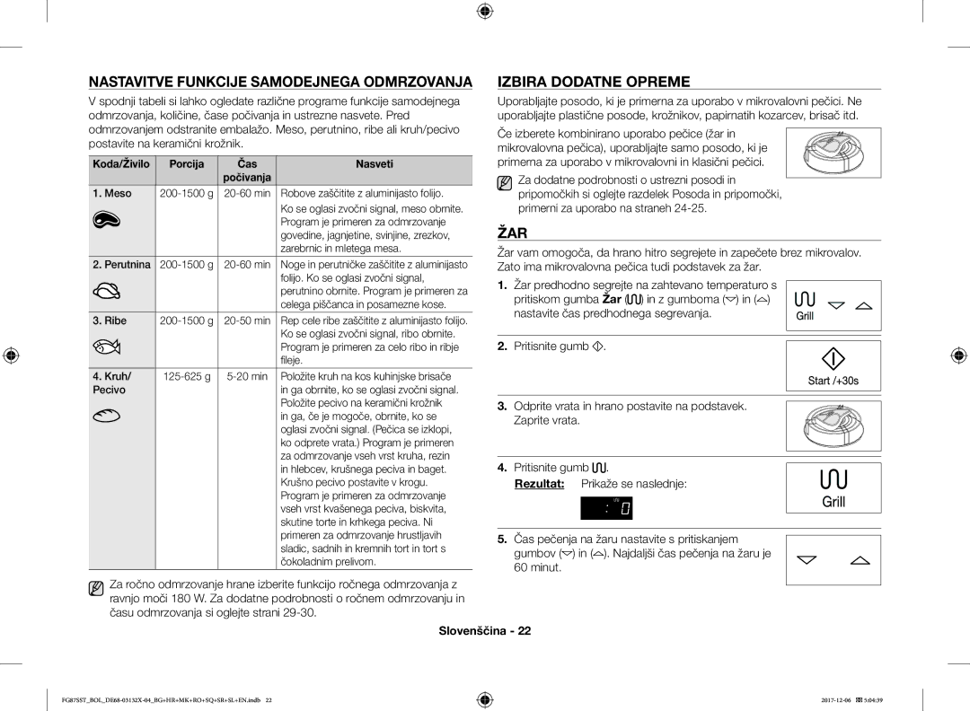 Samsung FG87SUB/BOL, FG87SST/XEH, FG87SUB/XEO manual Nastavitve Funkcije Samodejnega Odmrzovanja, Izbira Dodatne Opreme, Žar 