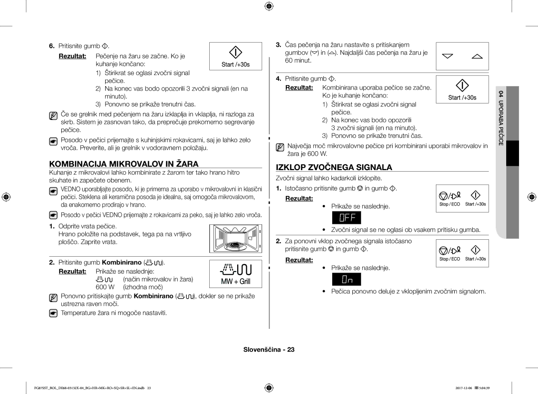 Samsung FG87SST/BOL, FG87SST/XEH, FG87SUB/XEO, FG87SUB/BOL manual Kombinacija Mikrovalov in Žara, Izklop Zvočnega Signala 