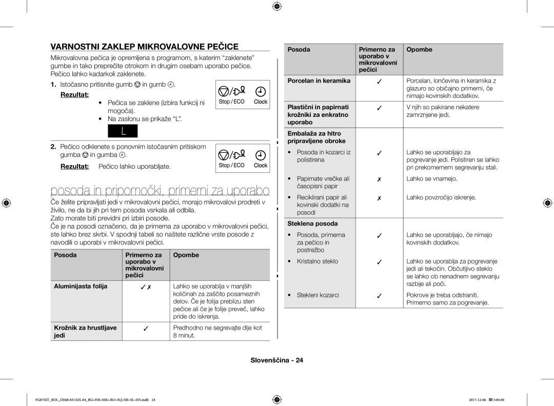 Samsung FG87SST/XEH, FG87SUB/XEO, FG87SUB/BOL, FG87SST/BOL manual Varnostni Zaklep Mikrovalovne Pečice 