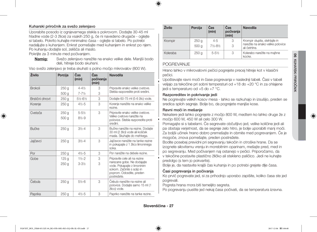 Samsung FG87SST/BOL, FG87SST/XEH, FG87SUB/XEO, FG87SUB/BOL manual Pogrevanje, Živilo Porcija Čas Navodila Min 