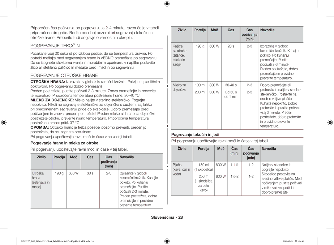 Samsung FG87SST/XEH, FG87SUB/XEO manual Pogrevanje Tekočin, Pogrevanje Otroške Hrane, Živilo Porcija Moč Čas Navodila 