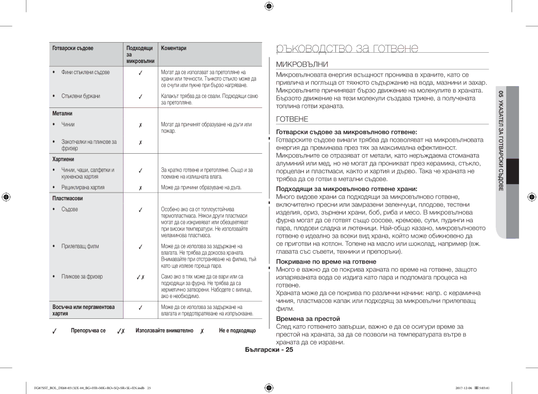 Samsung FG87SUB/XEO, FG87SST/XEH, FG87SUB/BOL, FG87SST/BOL manual Ръководство за готвене, Микровълни, Готвене 