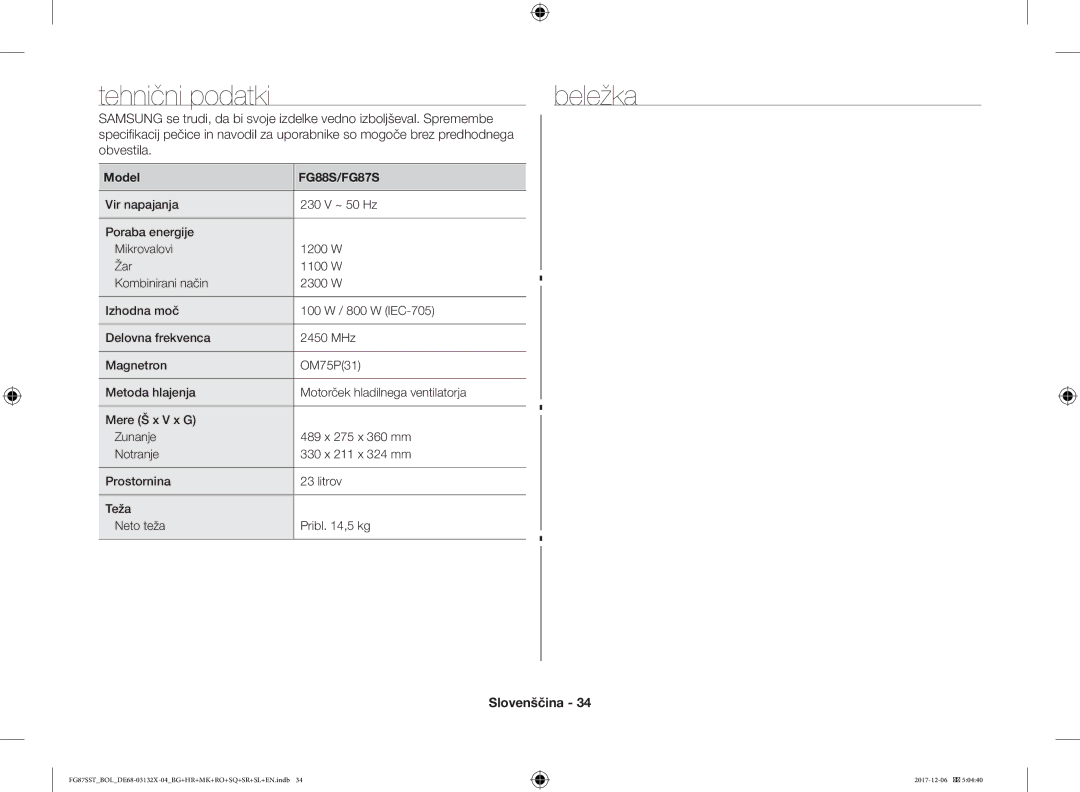 Samsung FG87SUB/BOL manual Beležka, Uporabnike so mogoče brez predhodnega Obvestila, Specifikacij pečice in navodil za 