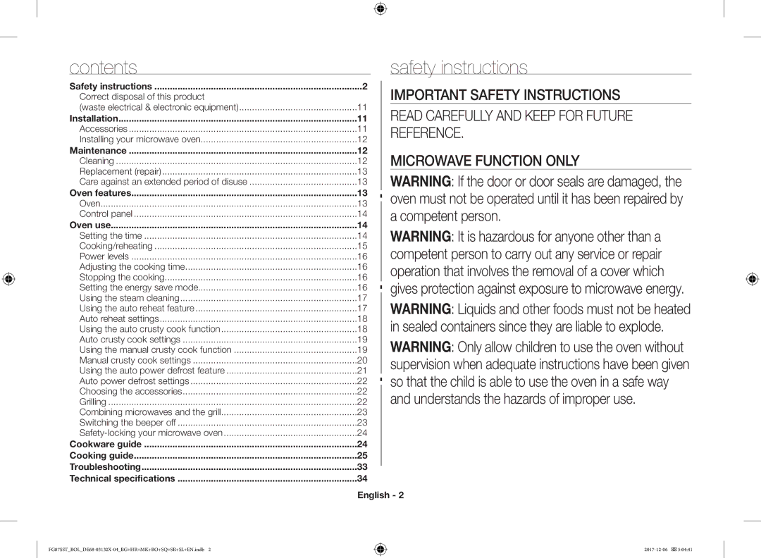 Samsung FG87SUB/BOL, FG87SST/XEH, FG87SUB/XEO, FG87SST/BOL manual Contents, Safety instructions 