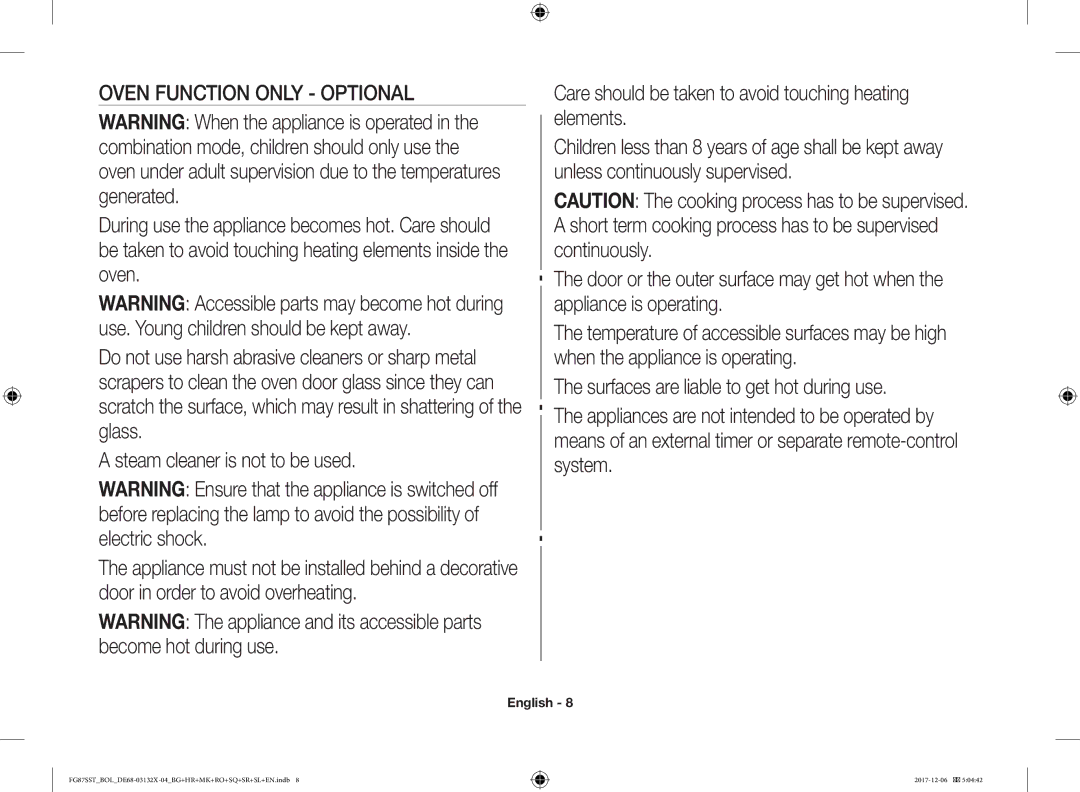 Samsung FG87SST/XEH, FG87SUB/XEO, FG87SUB/BOL, FG87SST/BOL manual Oven Function only Optional 