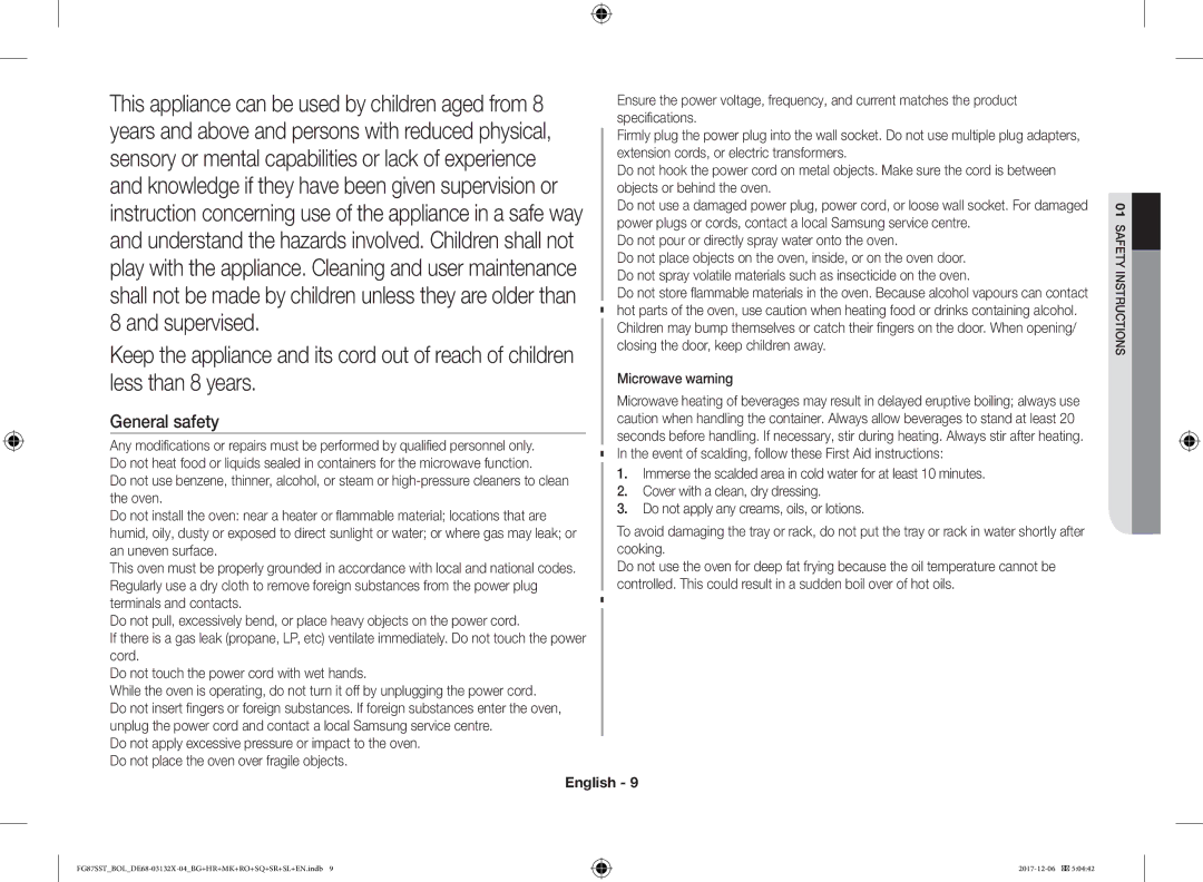 Samsung FG87SUB/XEO, FG87SST/XEH manual General safety, Do not pour or directly spray water onto the oven, Microwave warning 