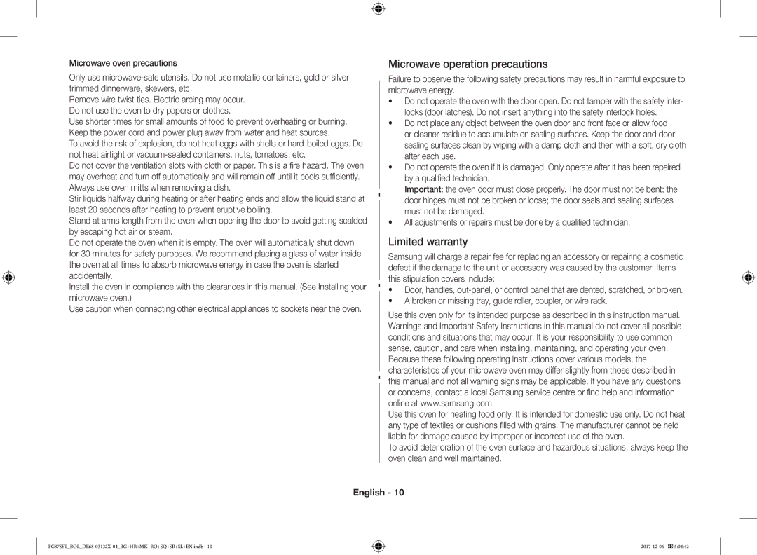 Samsung FG87SUB/BOL, FG87SST/XEH, FG87SUB/XEO, FG87SST/BOL manual Microwave operation precautions, Limited warranty 