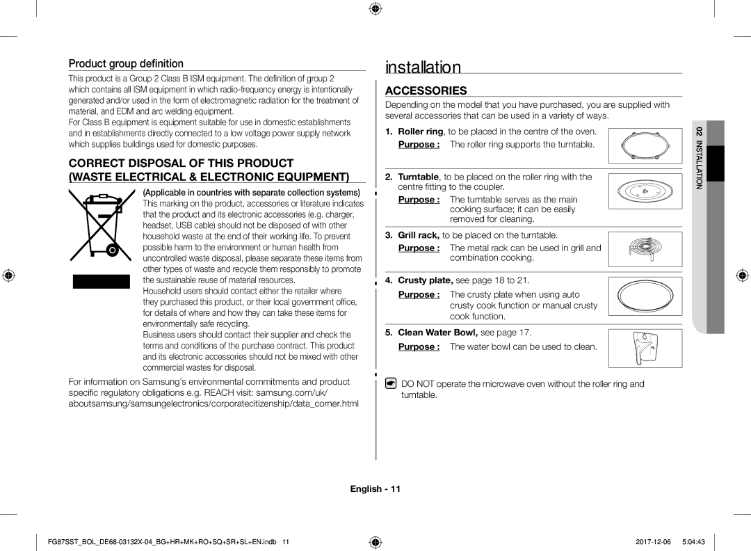 Samsung FG87SST/BOL, FG87SST/XEH, FG87SUB/XEO Installation, Product group definition, Accessories, Clean Water Bowl, see 