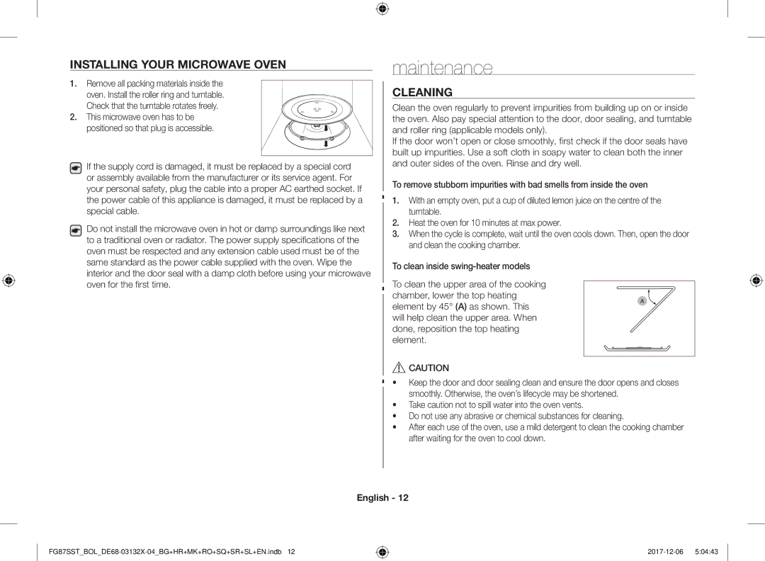 Samsung FG87SST/XEH manual Maintenance, Installing Your Microwave Oven, Cleaning, Check that the turntable rotates freely 