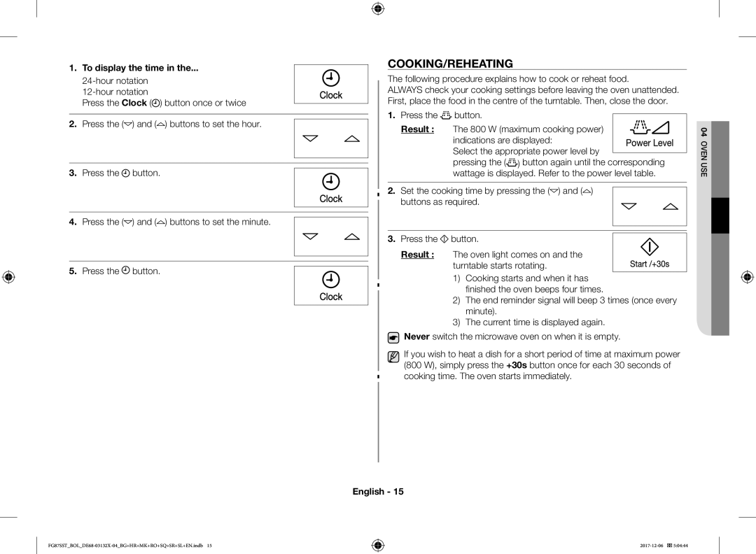 Samsung FG87SST/BOL Cooking/Reheating, To display the time, Result, W maximum cooking power Indications are displayed 