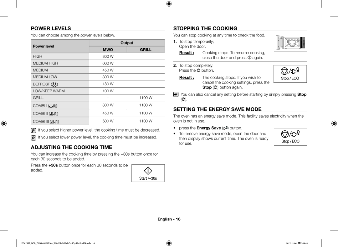 Samsung FG87SST/XEH manual Power Levels, Adjusting the Cooking Time, Stopping the Cooking, Setting the Energy Save Mode 