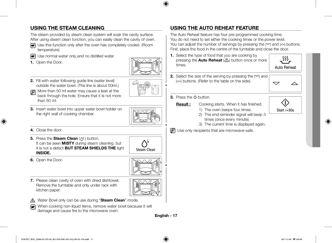 Samsung FG87SUB/XEO, FG87SST/XEH manual Using the Steam Cleaning, Using the Auto Reheat Feature, Close the door, Inside 