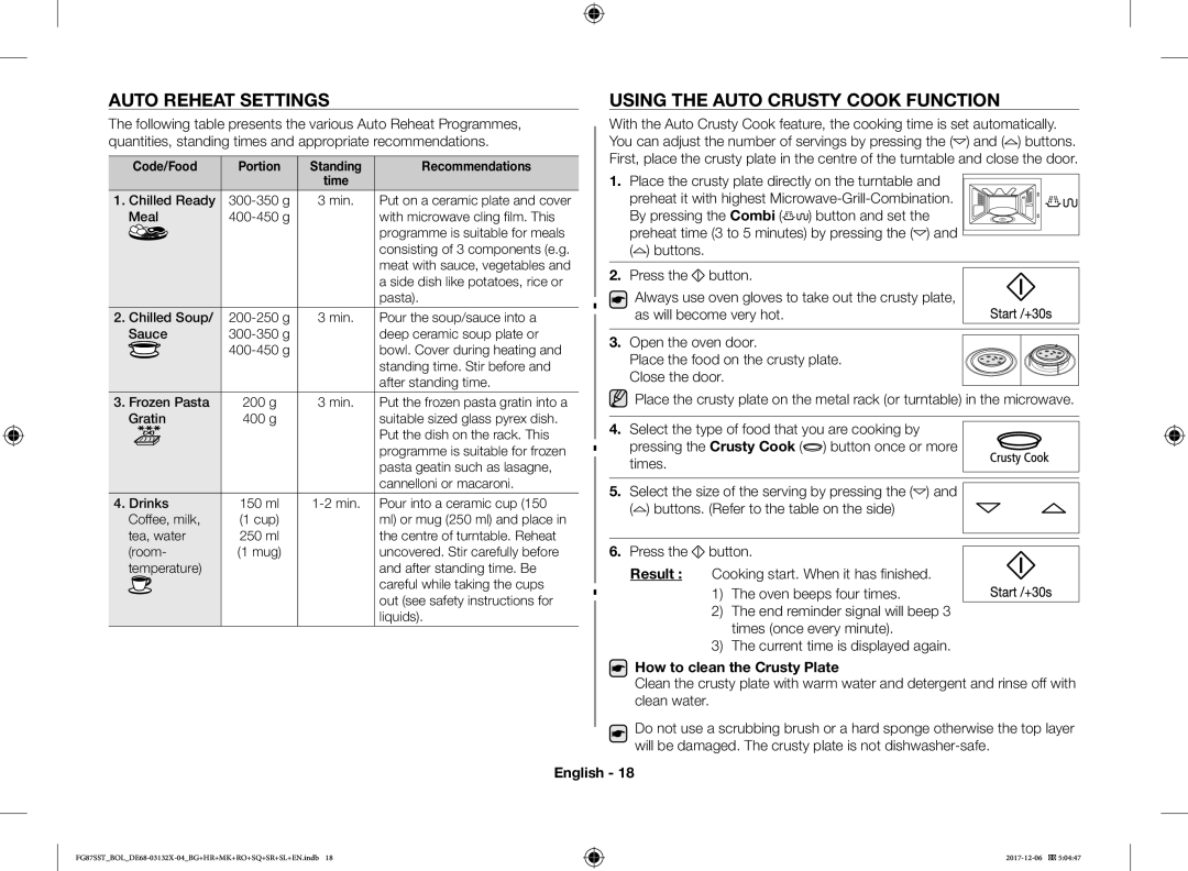 Samsung FG87SUB/BOL Auto Reheat Settings, Using the Auto Crusty Cook Function, How to clean the Crusty Plate, Code/Food 
