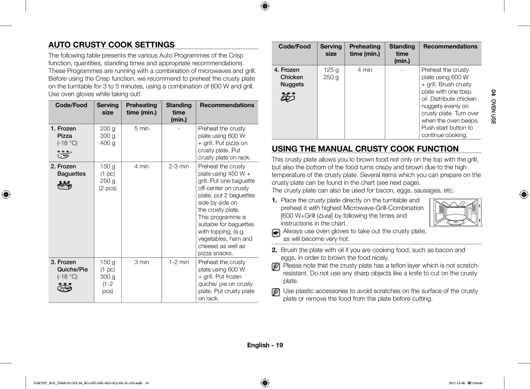 Samsung FG87SST/BOL manual Auto Crusty Cook Settings, Using the Manual Crusty Cook Function, Standing Recommendations, Time 