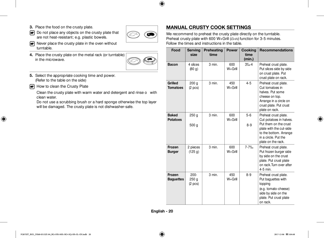 Samsung FG87SST/XEH, FG87SUB/XEO, FG87SUB/BOL, FG87SST/BOL manual Manual Crusty Cook Settings 