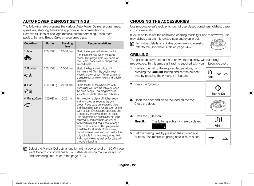 Samsung FG87SUB/BOL manual Auto Power Defrost Settings, Choosing the Accessories, Grilling, Code/Food Portion Standing 