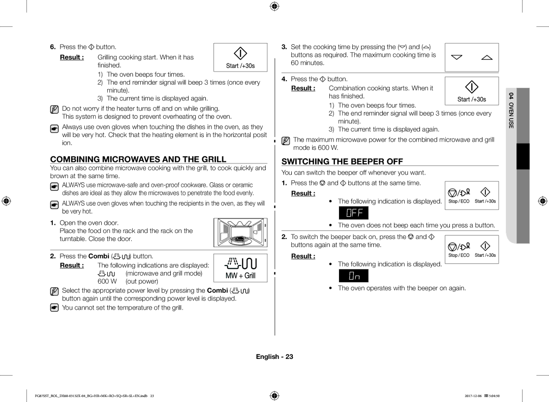 Samsung FG87SST/BOL, FG87SST/XEH, FG87SUB/XEO, FG87SUB/BOL manual Combining Microwaves and the Grill, Switching the Beeper OFF 