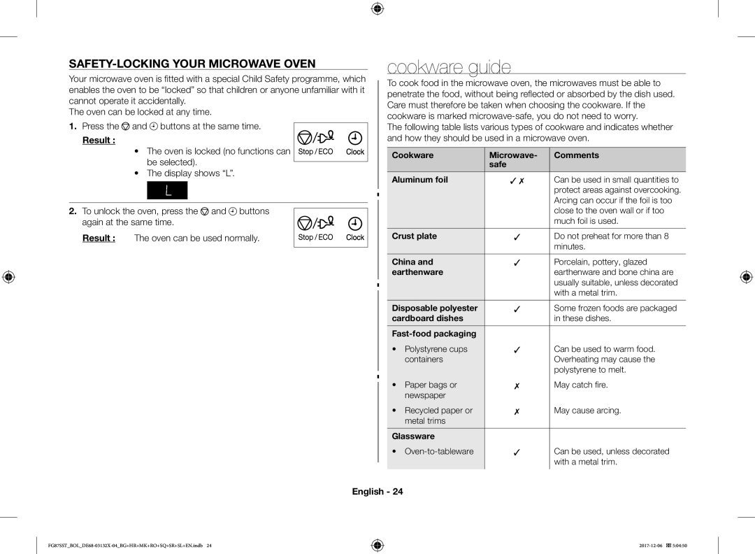 Samsung FG87SST/XEH, FG87SUB/XEO, FG87SUB/BOL, FG87SST/BOL manual Cookware guide, SAFETY-LOCKING Your Microwave Oven 