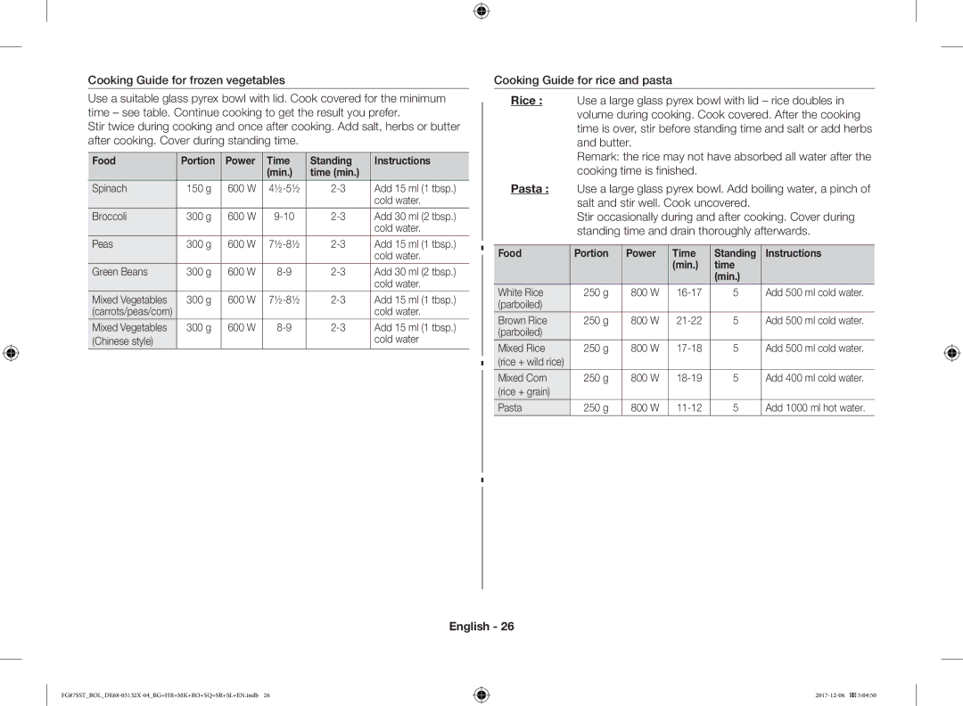 Samsung FG87SUB/BOL manual Cooking Guide for frozen vegetables, Food Portion Power Time Standing Instructions Min, Time Min 