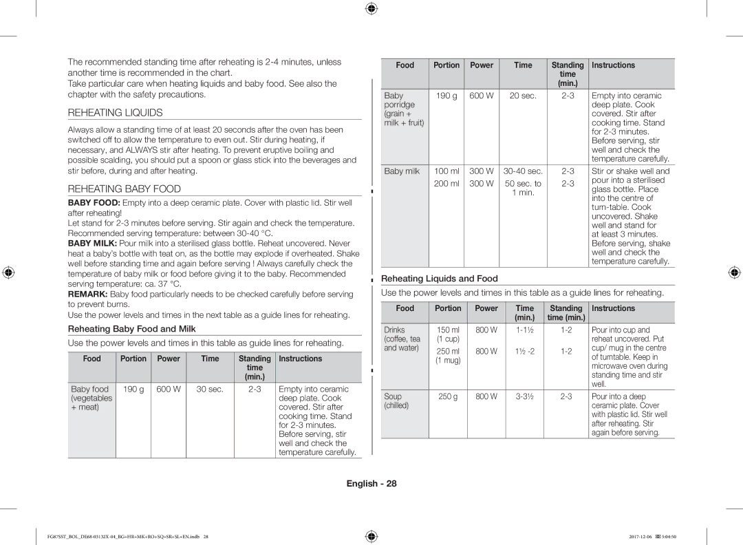 Samsung FG87SST/XEH, FG87SUB/XEO, FG87SUB/BOL, FG87SST/BOL manual Reheating Liquids, Reheating Baby Food 