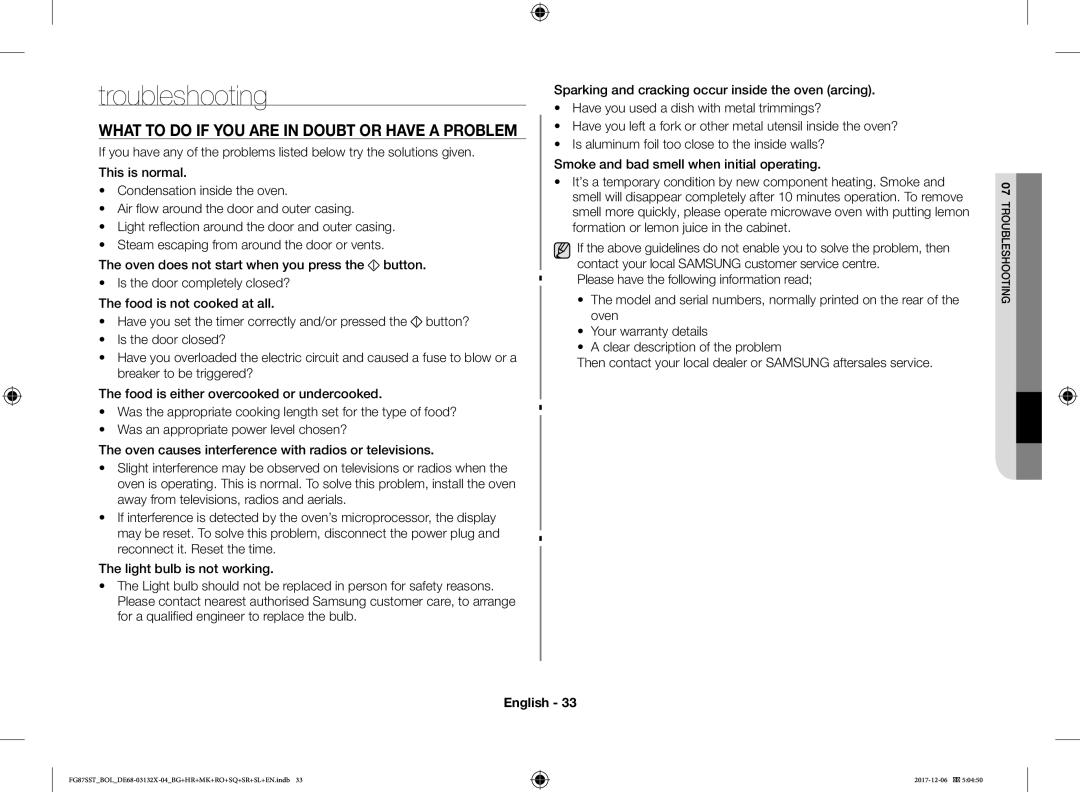 Samsung FG87SUB/XEO, FG87SST/XEH, FG87SUB/BOL, FG87SST/BOL Troubleshooting, What to do if YOU are in Doubt or have a Problem 