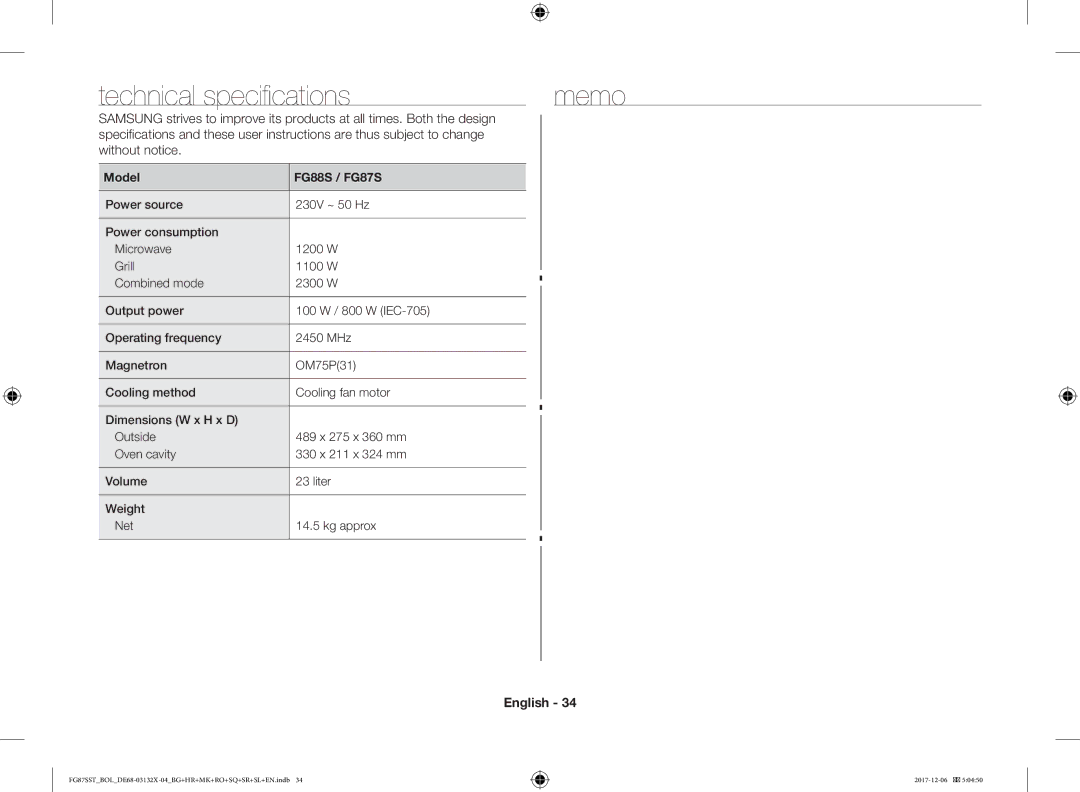 Samsung FG87SUB/BOL manual Technical specifications Memo, User instructions are thus subject to change Without notice 